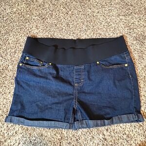 Times Two Maternity Denim Shorts Dark Wash Elastic Belly Band Cuffed Blue 1X